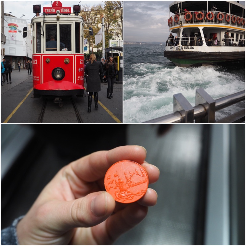 1. Historická tramvaj. Ty ostatní jsou mnohem modernější. 2. Loď na asijskou část Istanbulu. 3. Žeton na cestování MHD.