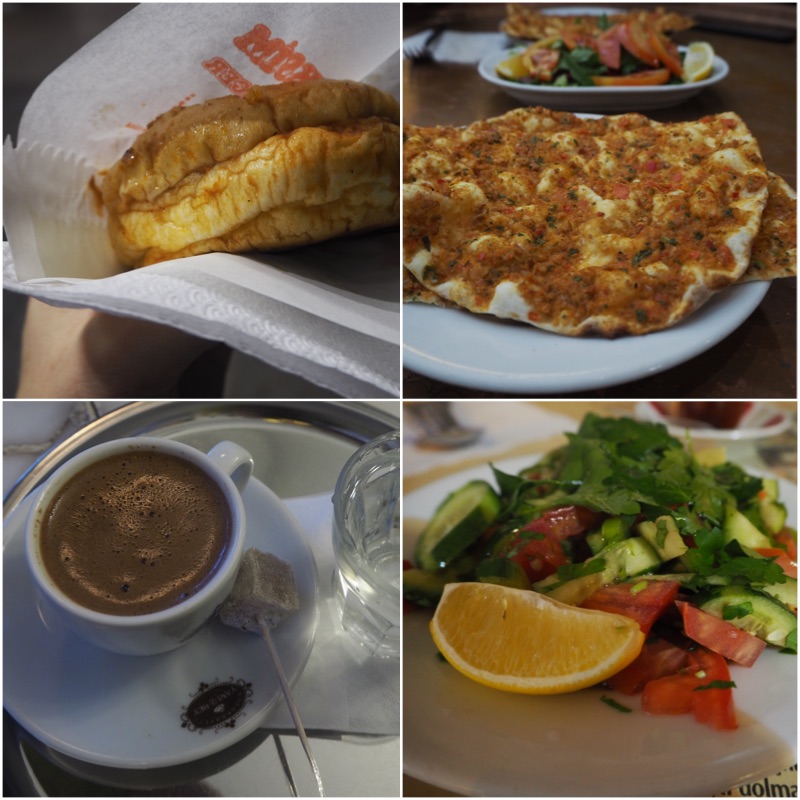 1. Mokrý burger 2. Lahmacun 3. Káva 4. Zeleina k lahmacunu